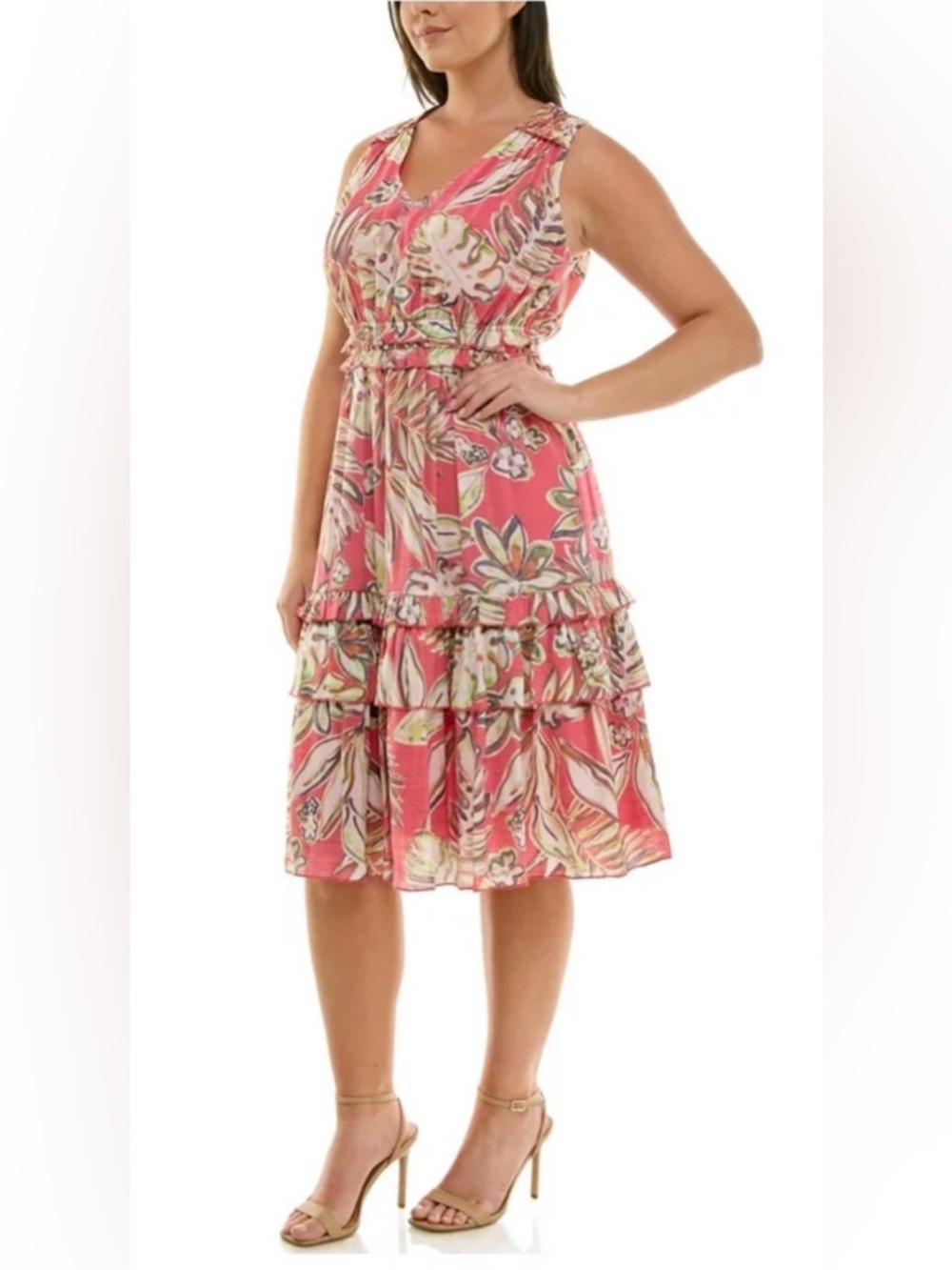 Nanette Lepore Coral Leaf-Print Ruffle Midi Dress NEW SIZE 14